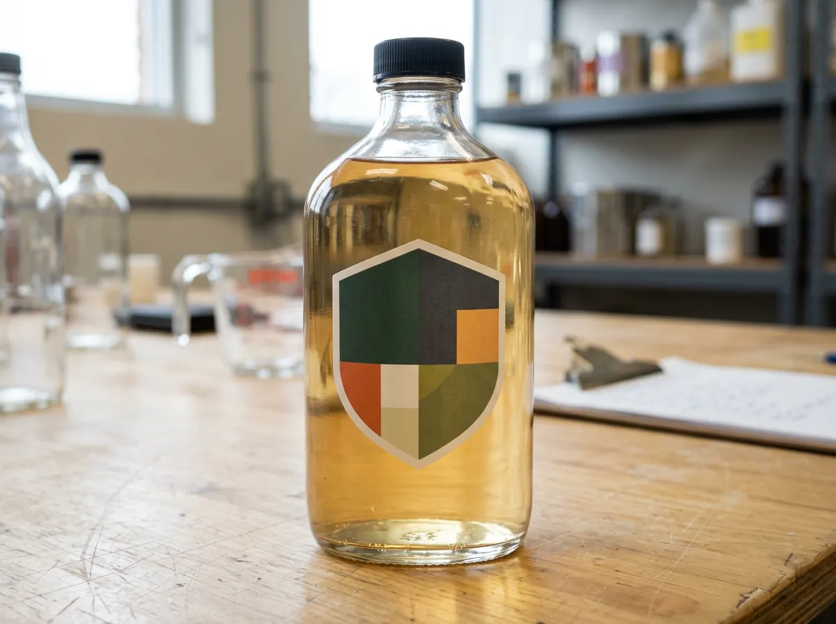 Bottle with a shield-shaped custom die-cut pressure-sensitive label (no readable text or branding)