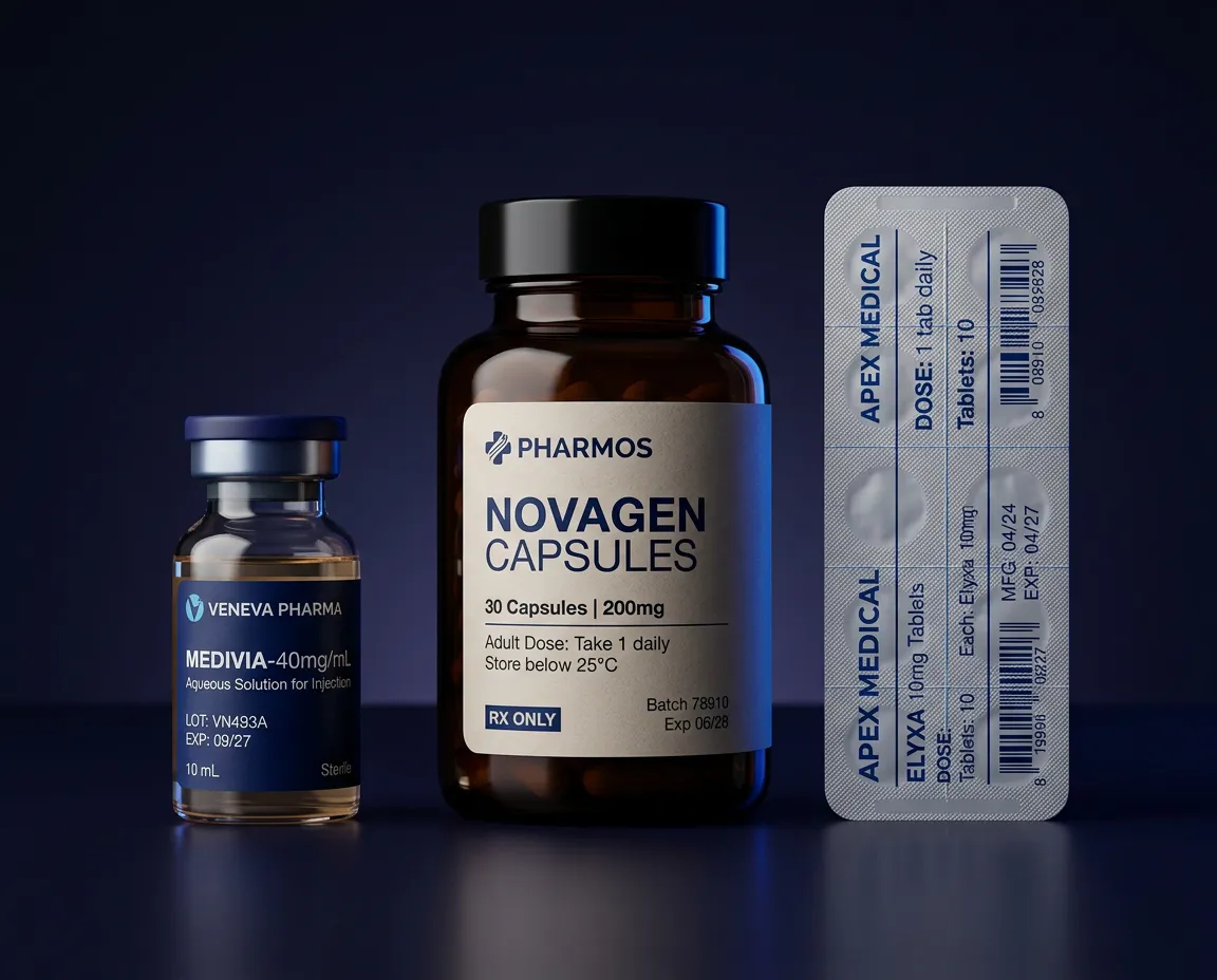 Medical and pharmaceutical product labeling applications displaying clean typography and durable multi-surface adhesion