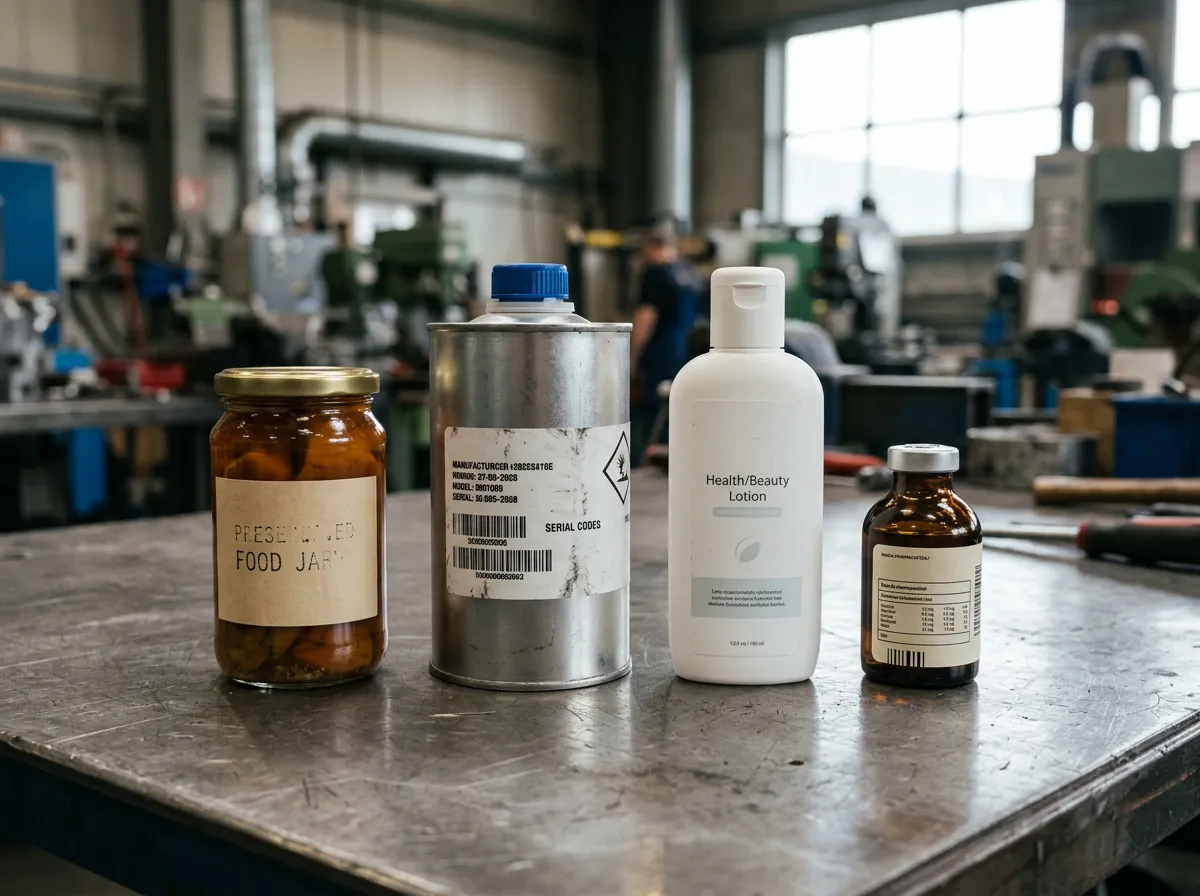 Realistic commercial photo of a small group of distinctly different manufactured products with non-branded labels (food/beverage container, industrial component/container, health/beauty packaging, and medical/pharmaceutical-style package), photographed together with natural lighting and grounded shadows.
