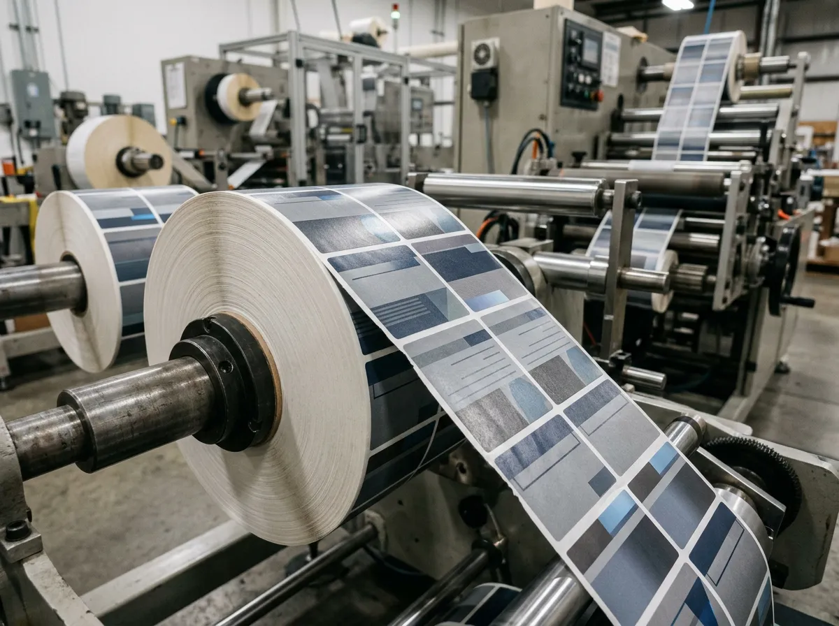 Close-up of professionally printed commercial label rolls in production
