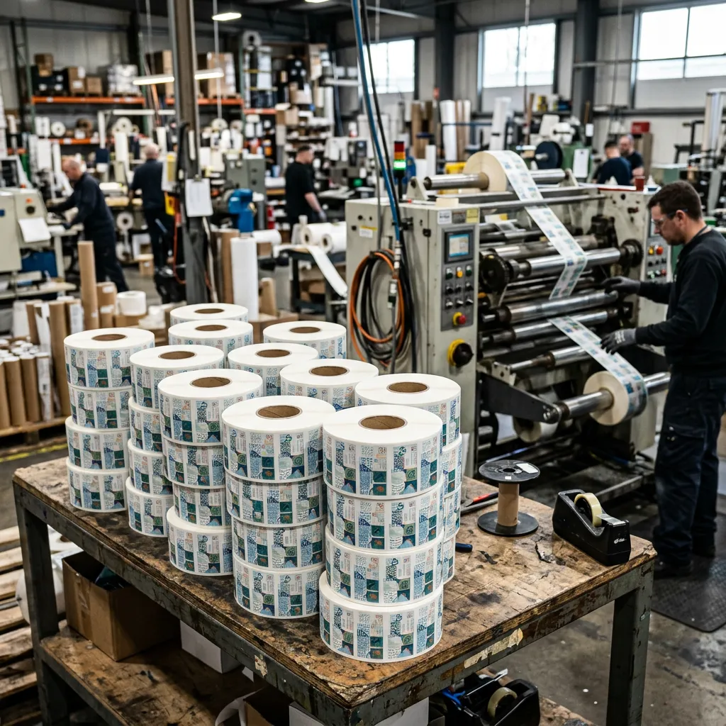 Multiple identical rolls of finished labels on a rewinder/workbench (reorder or repeat project)