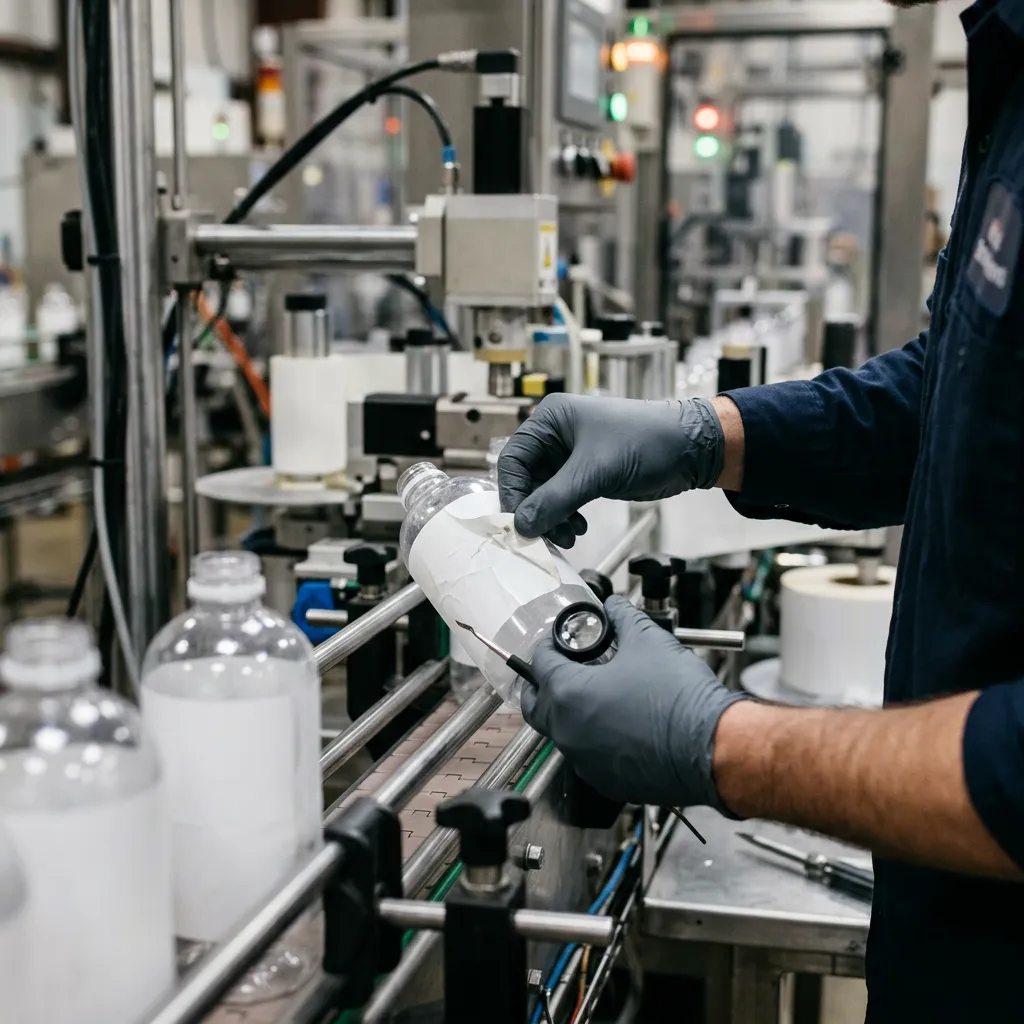 Technician hands inspecting label application/adhesion on an unbranded product (label problem troubleshooting)