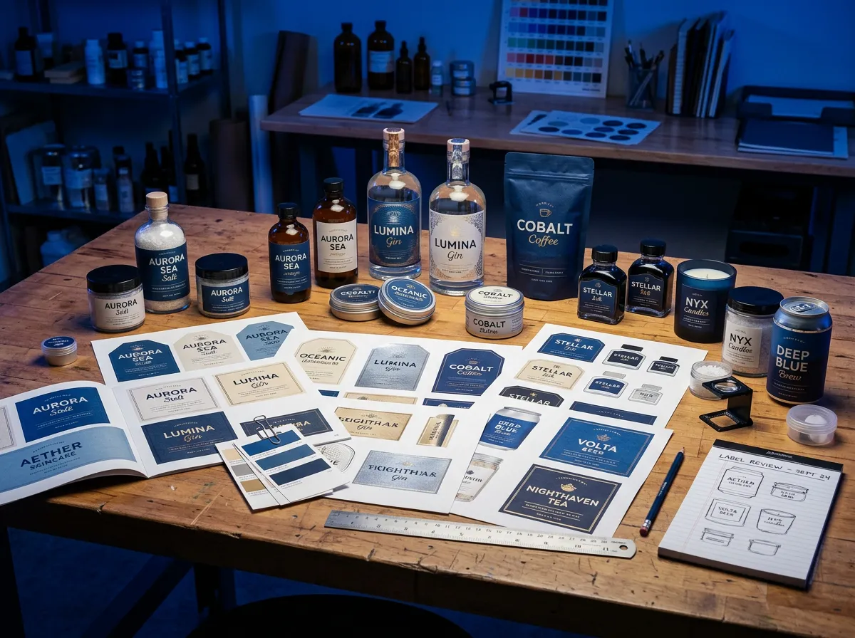 Fictional label concept variations and printed physical label proofs arranged on a studio workspace table for evaluation