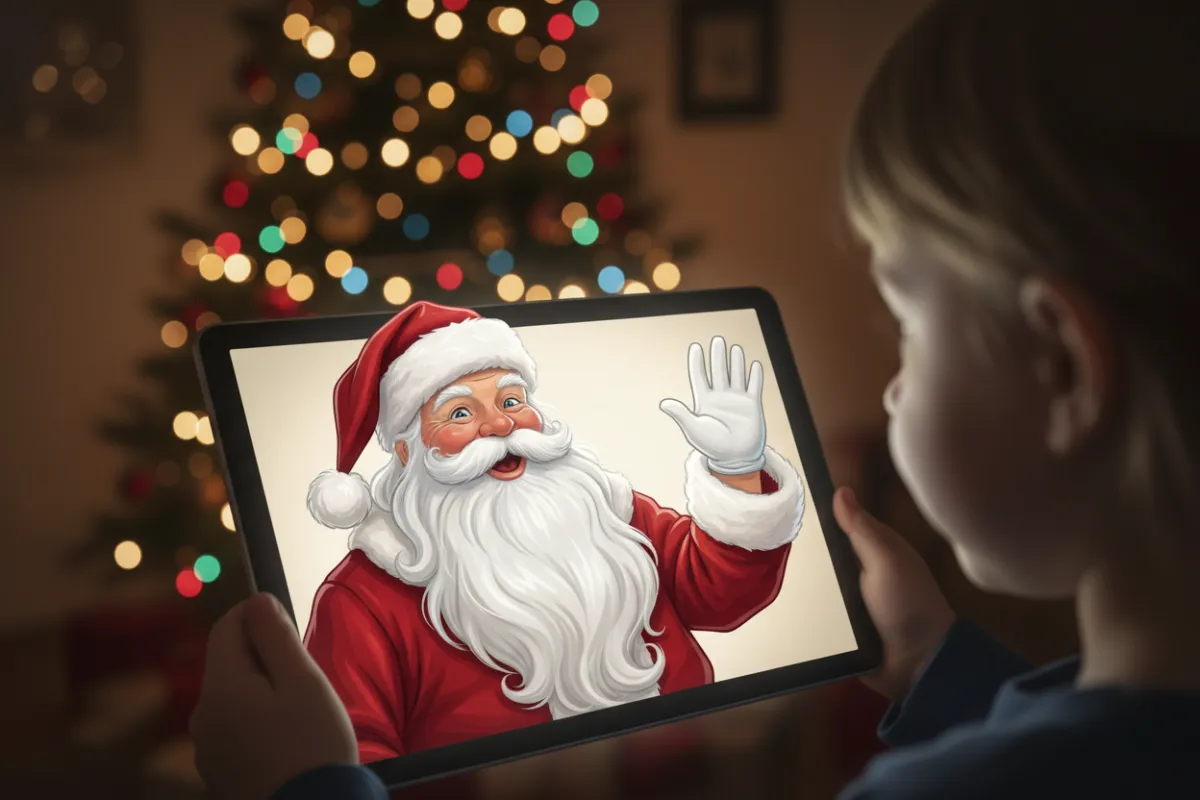 A cheerful Santa Claus in a red suit and white beard, waving from a digital tablet screen, with twinkling Christmas lights in the background. The scene is bright, festive, and magical, capturing a child's wonder during a virtual holiday call.