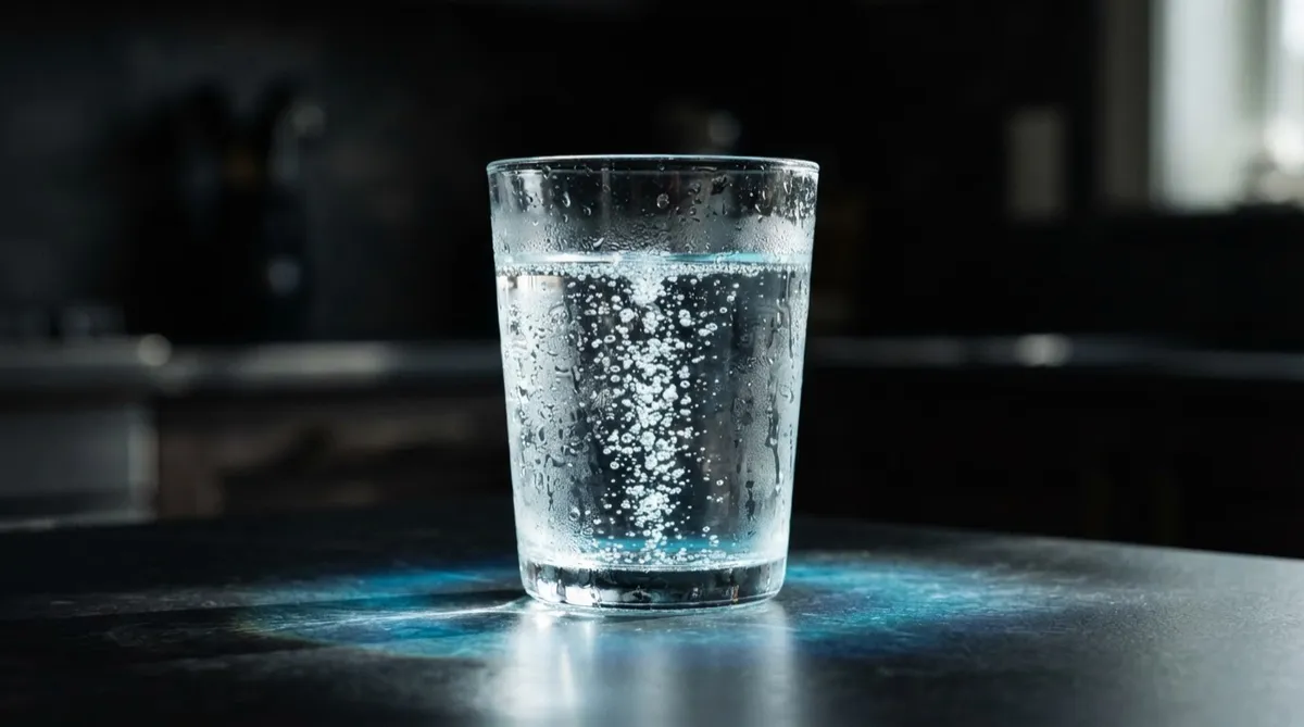 Vaso de agua purificada alcalina cristalina con burbujas de oxigenación
