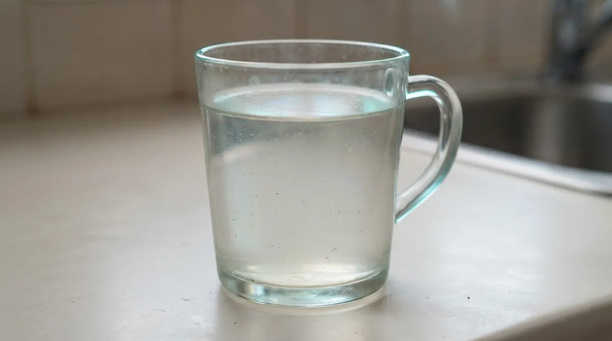 Vaso con agua de grifo mostrando sedimentos y químicos residuales