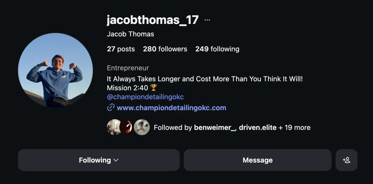 Jacob Thomas – Champion Detailing Instagram profile