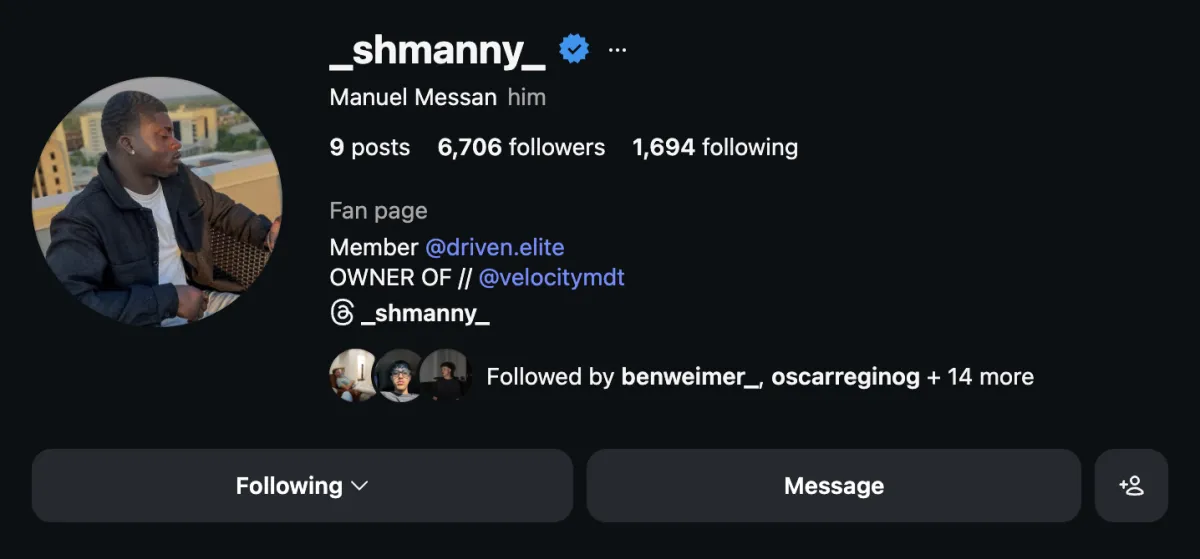 Manny Messan – VelocityMDT Instagram profile