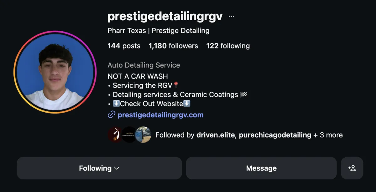 Isaiah Gomez – Prestige Detailing Instagram profile
