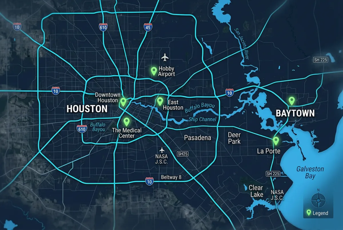 Stylized regional service map highlighting Baytown and Houston Texas coverage areas