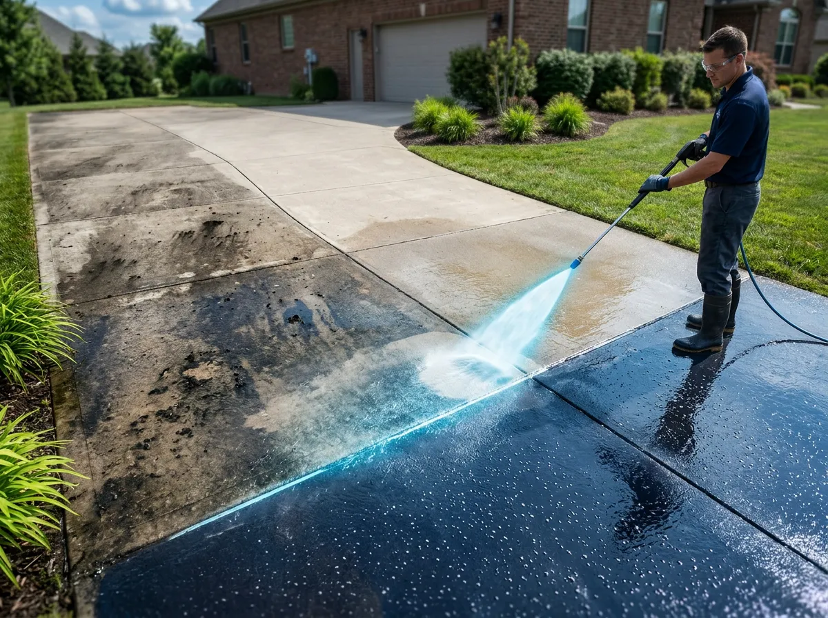 High pressure surface cleaner washing a residential concrete driveway showing high contrast dirty to clean transition