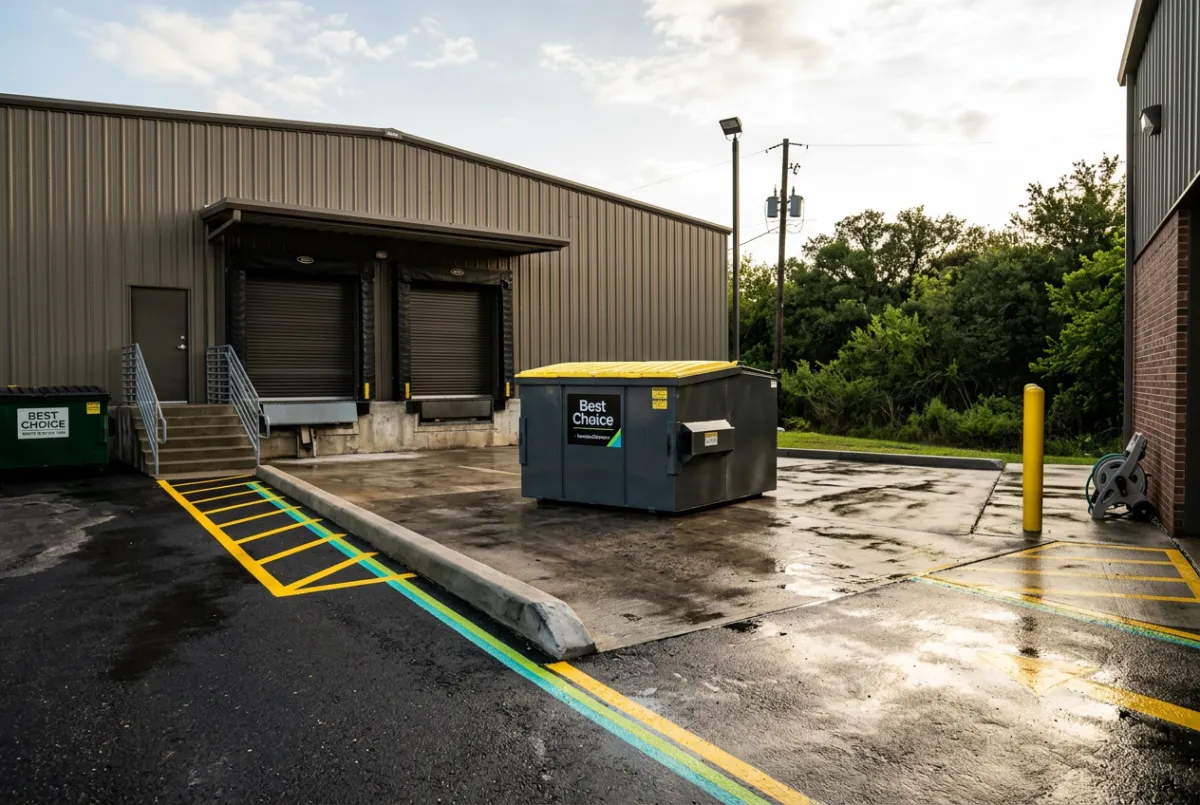 Commercial dumpster enclosure and concrete pad being cleaned as part of commercial exterior cleaning