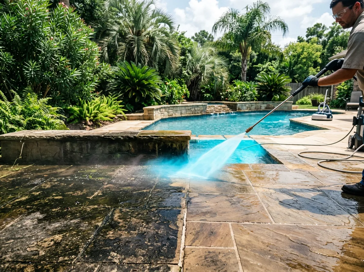 Restored outdoor patio pavers and pool deck clean and free of grime in a residential backyard