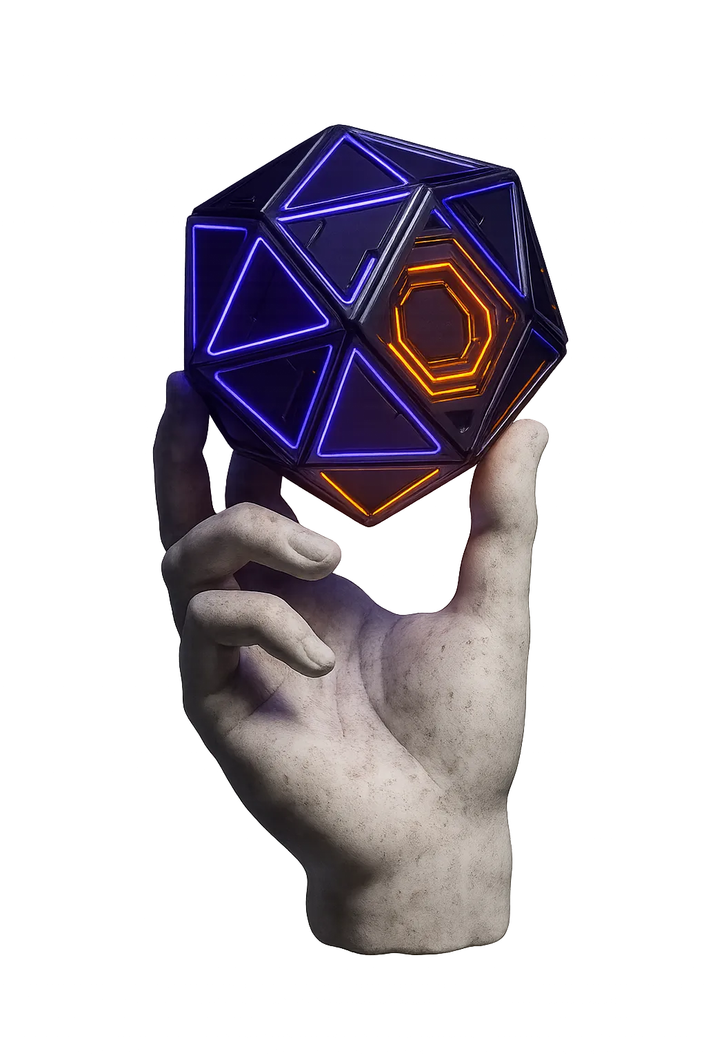 Classical marble bust dissolving into glowing AI algorithmic geometric vectors and amber neural networks