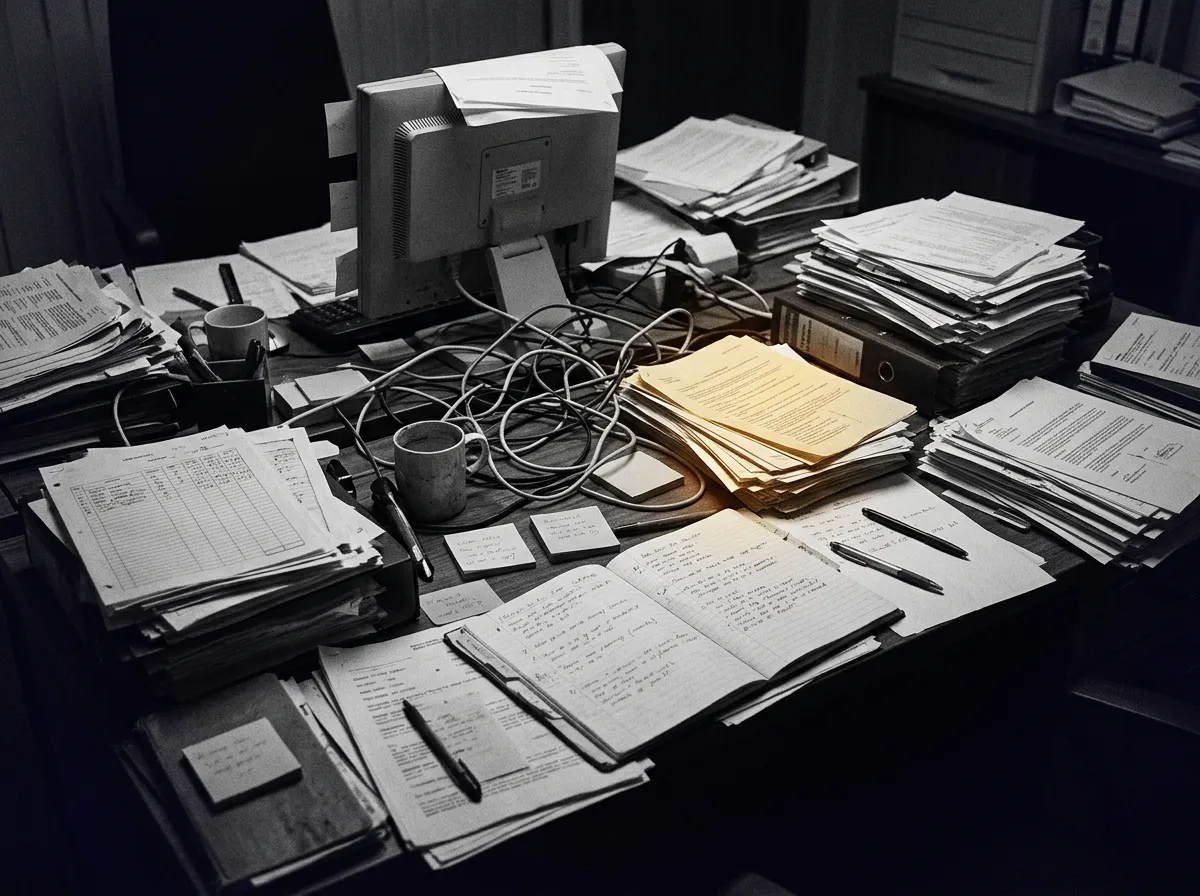 Grainy black and white portrait of a founder overwhelmed by manual paperwork and technical backlog