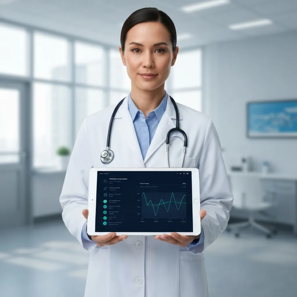 Healthcare provider using tablet dashboard for remote patient monitoring