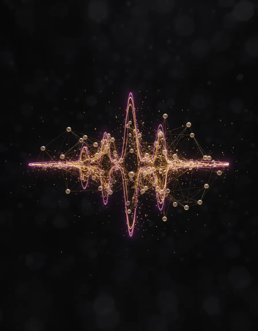 Conceptual rendering of fading sound waves blending into a digital ledger, representing distributed asset tracking