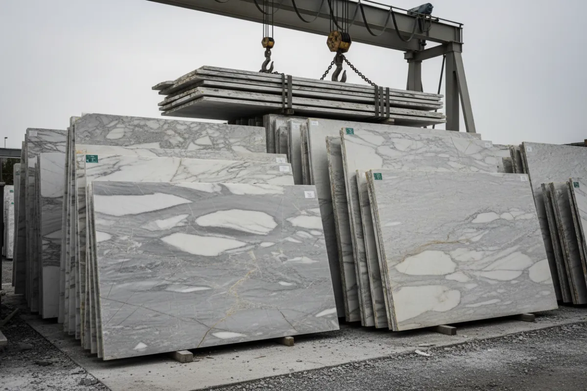 Stacked marble slabs at a production yard with lifting equipment, highlighting veining and polished surfaces.