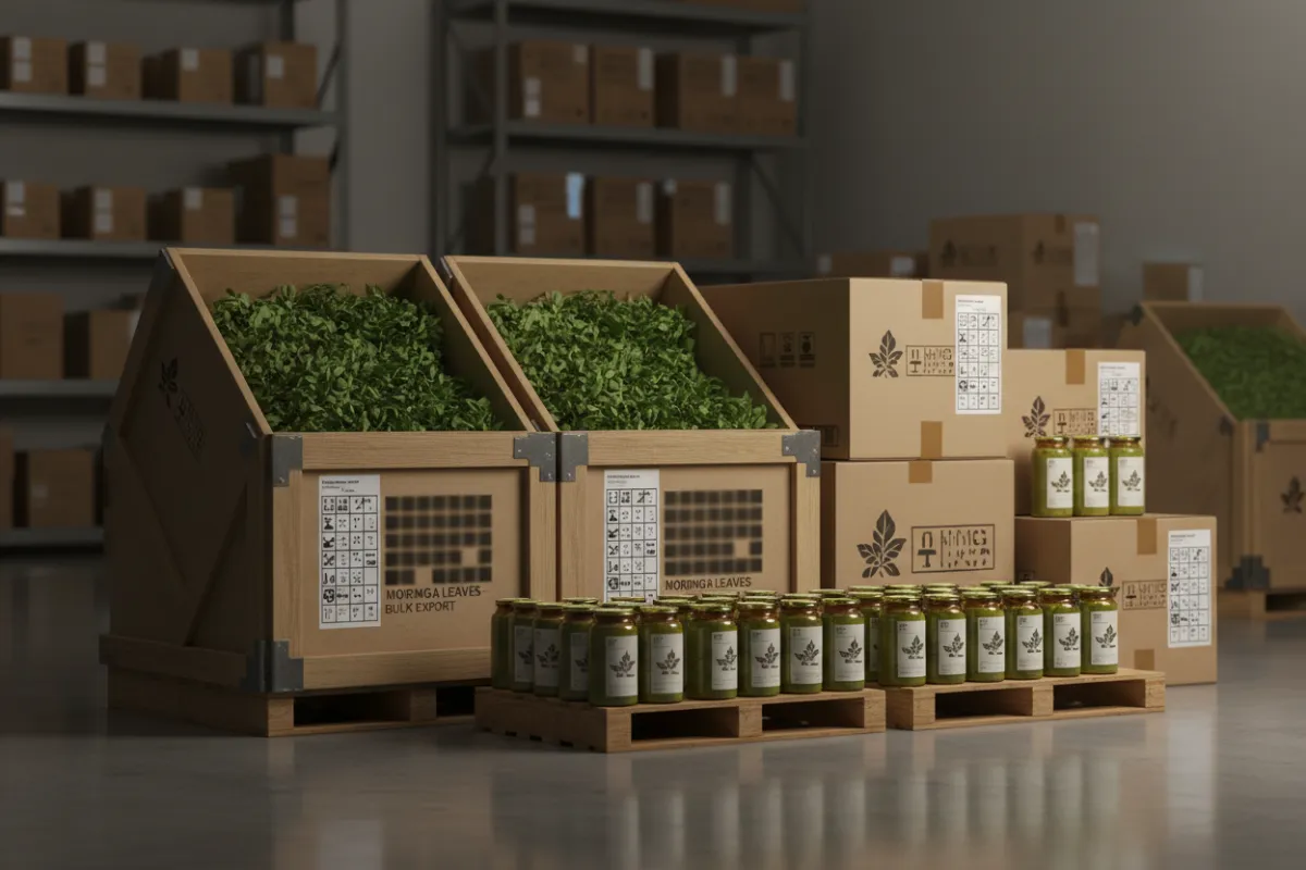 Crates and labeled cartons of moringa leaves and herbal products arranged for export in a clean warehouse.