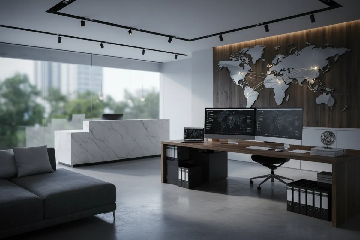 Corporate office reception and export operations desk with shipping documents and world map on the wall.