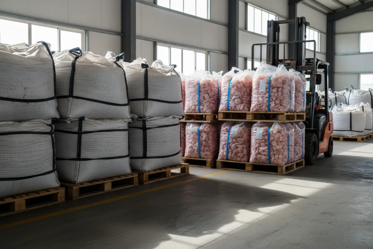 Bulk sacks and polished crystals of Himalayan pink salt stacked in a warehouse, export-ready logistics.