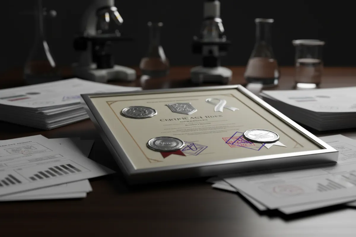 Framed certification documents and laboratory test reports on a clean desk.