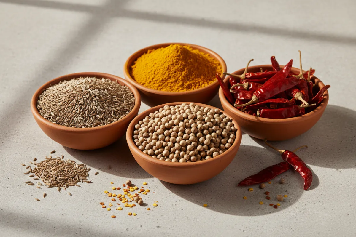Assorted ground and whole spices—turmeric, cumin, coriander, cinnamon sticks, and black peppercorns—arranged in wooden bowls and spoons on a rustic surface.