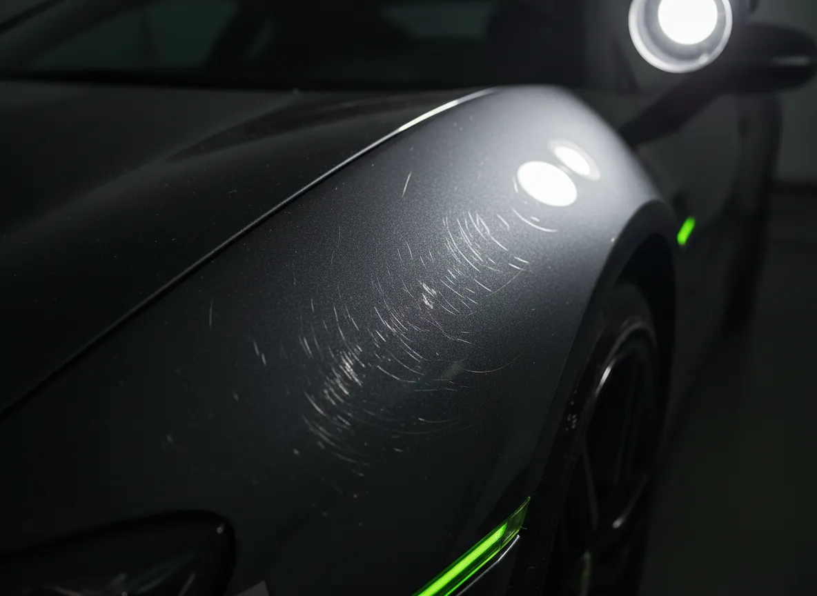 Detalle de pintura de coche iluminada mostrando defectos y brillo