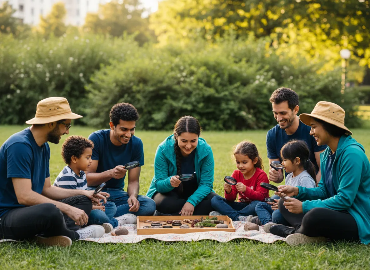 Volunteers and children smiling together outdoors