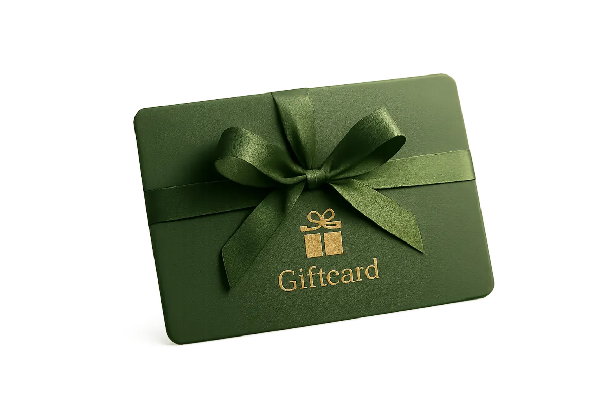 Elegantly wrapped green gift card with gold embossing on a transparent background.