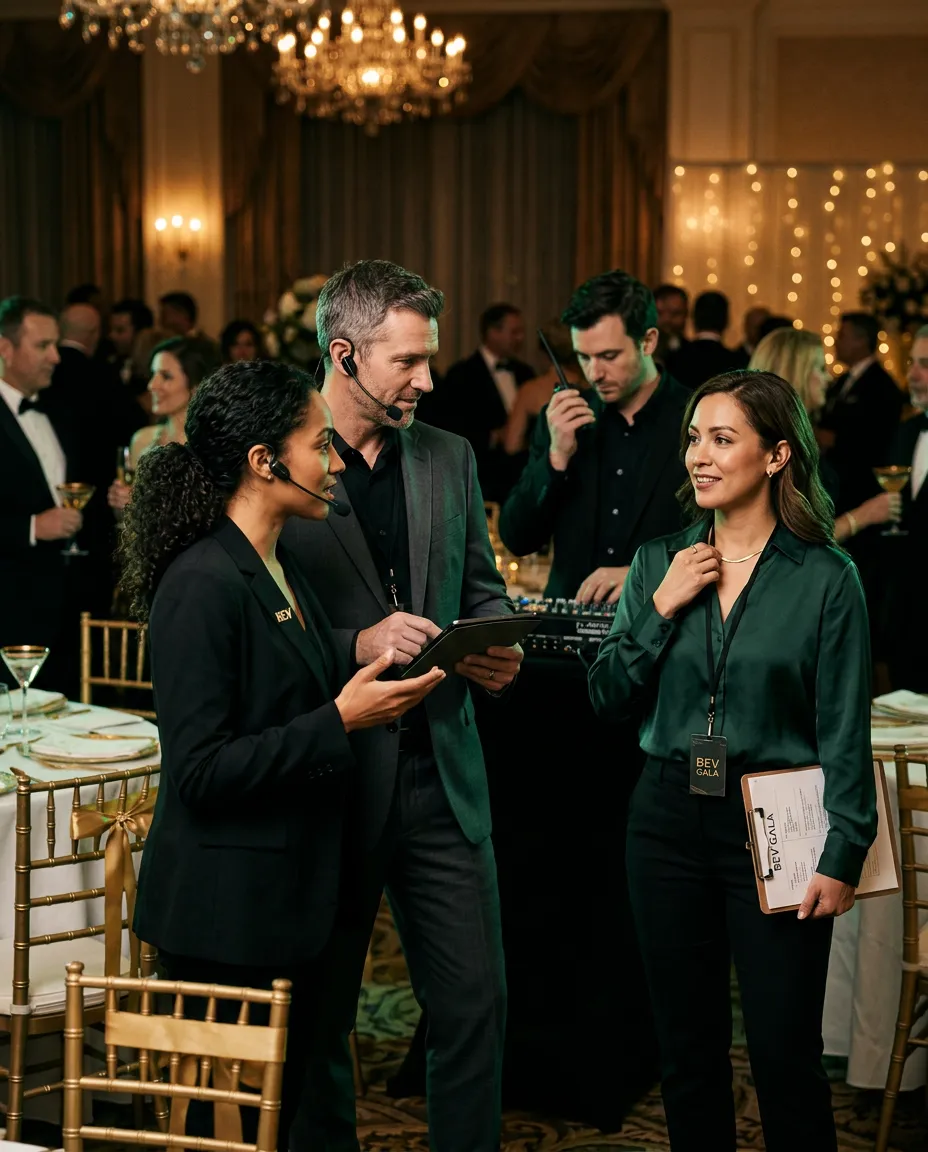 Equipo de producción y logística de Bogotá Eventos coordinando una gala corporativa de fin de año