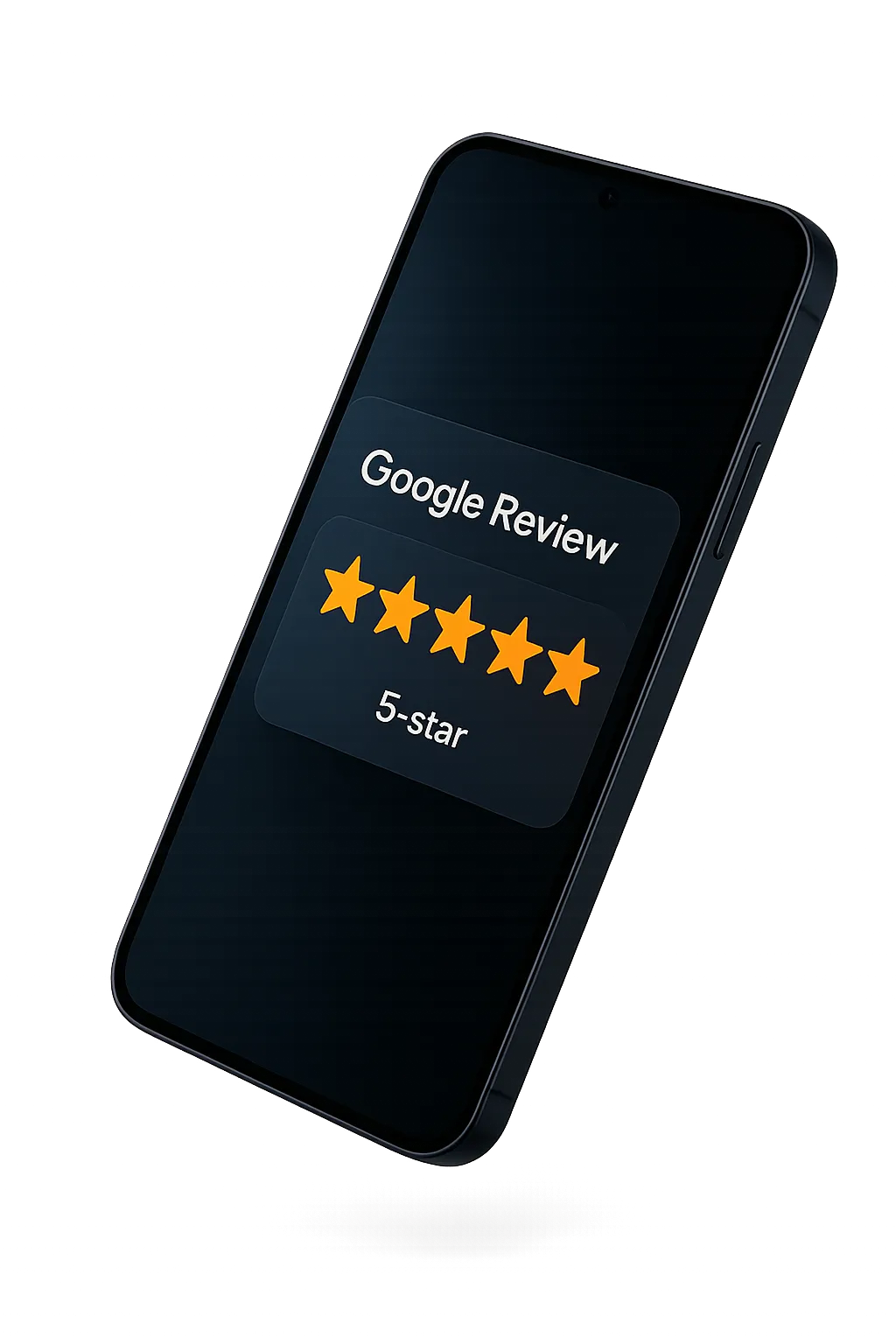 Mobile smartphone mockup displaying a 5-star Google review notification with automatic customer response