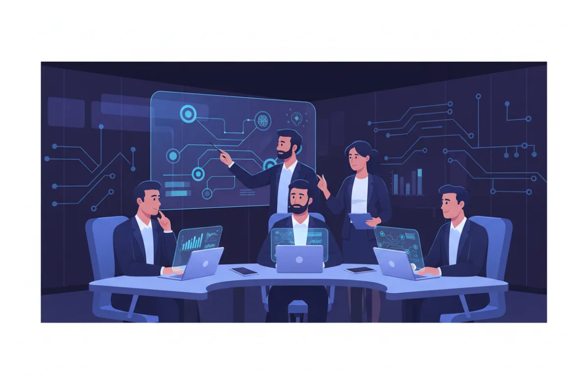 Business team discussing AI strategies with digital graphs and data visualizations in a modern conference room.