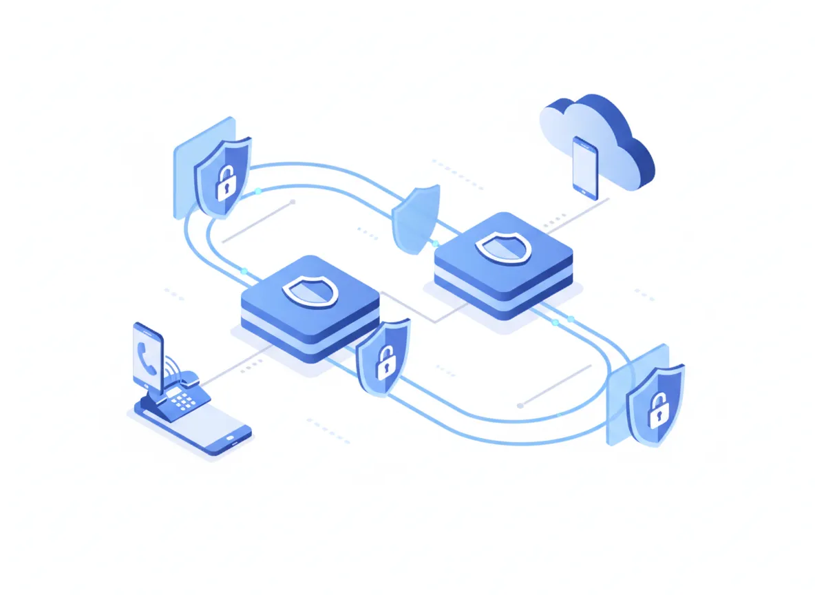 Secure VoIP infrastructure with encrypted communication, cloud integration, and protective shields representing security measures.