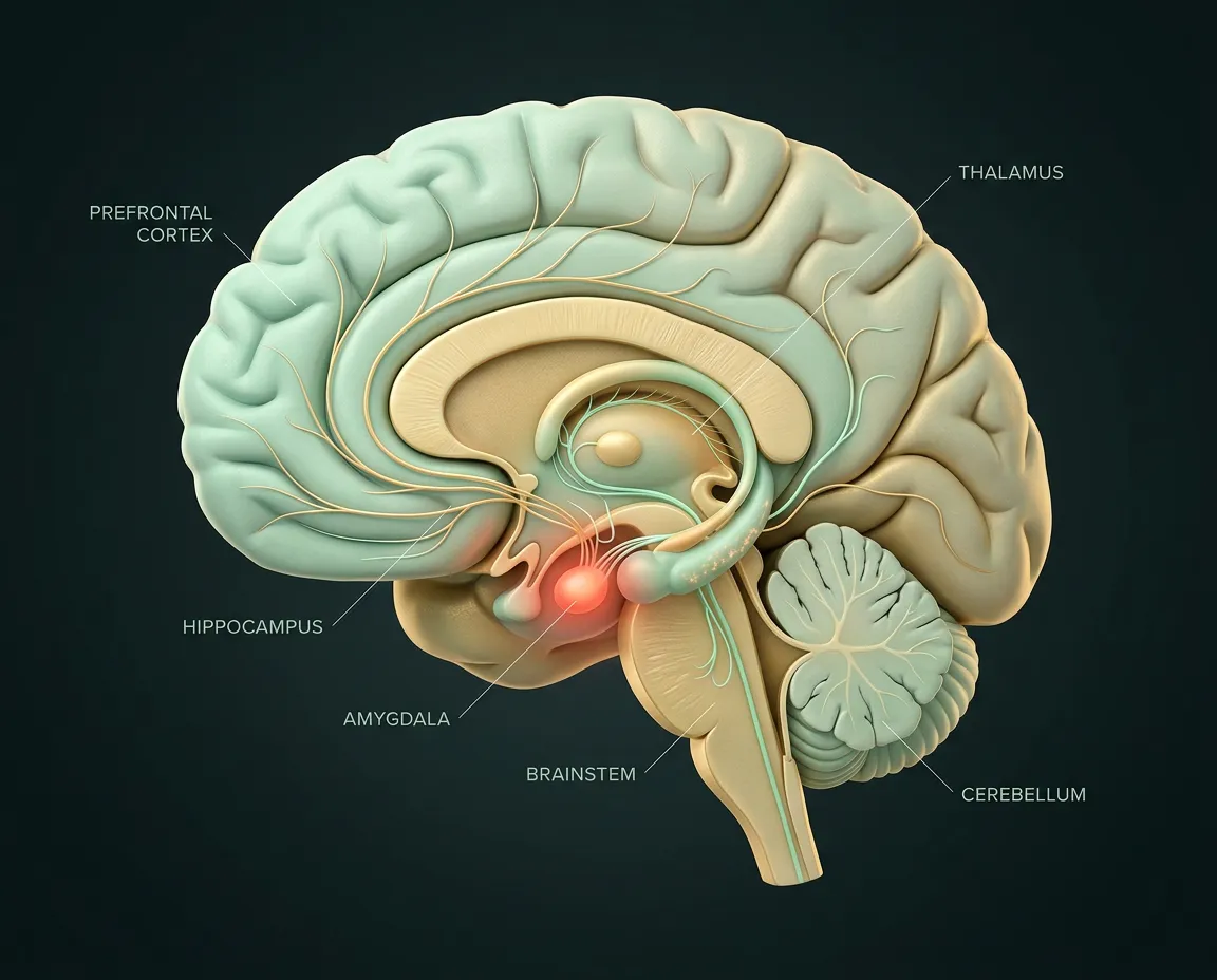 Empathetic educational illustration showing the neurological red alert response in childhood trauma