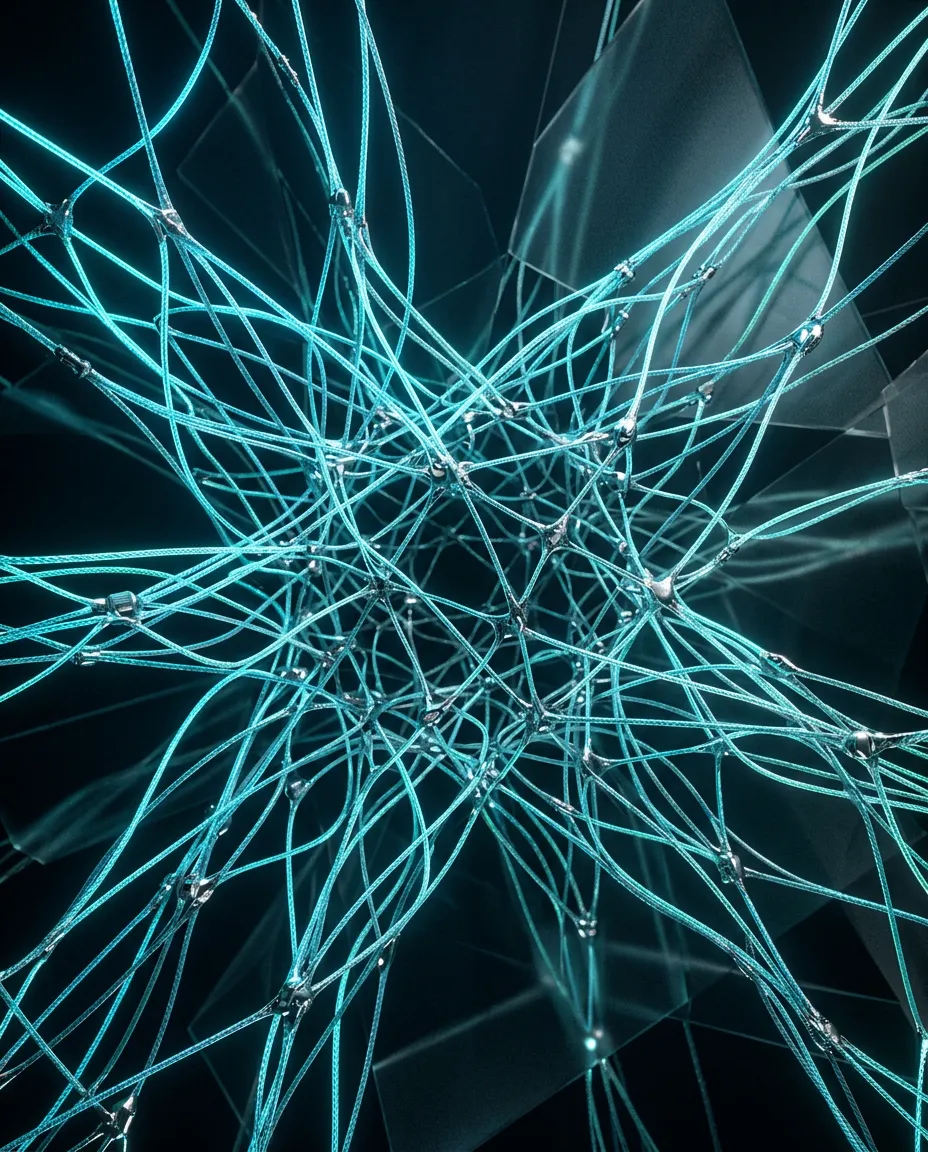 Abstract cybernetic cyan AI gradient graphic showcasing advanced neural automation architecture