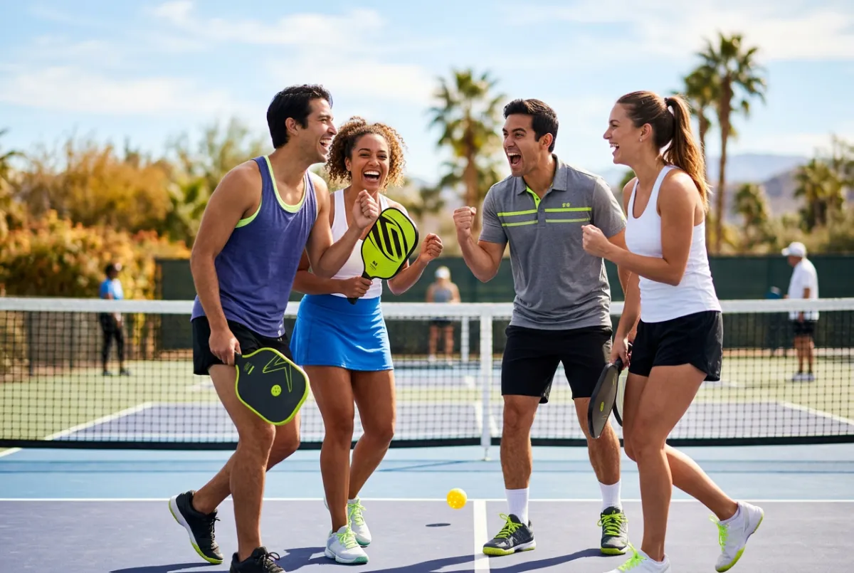 A group of smiling friends enjoying a fun, friendly pickleball game on a sunny court