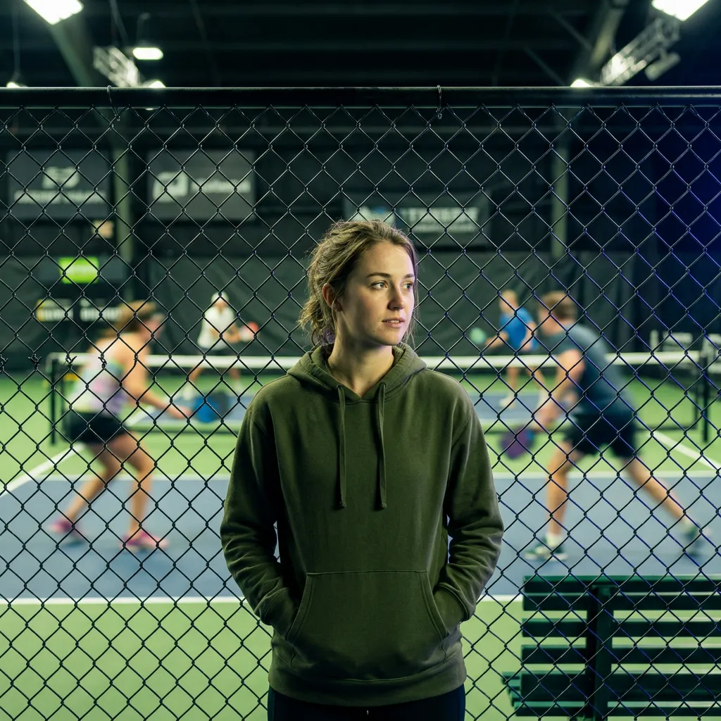 Hesitant newcomer watching a fast-paced pickleball match from the court fence