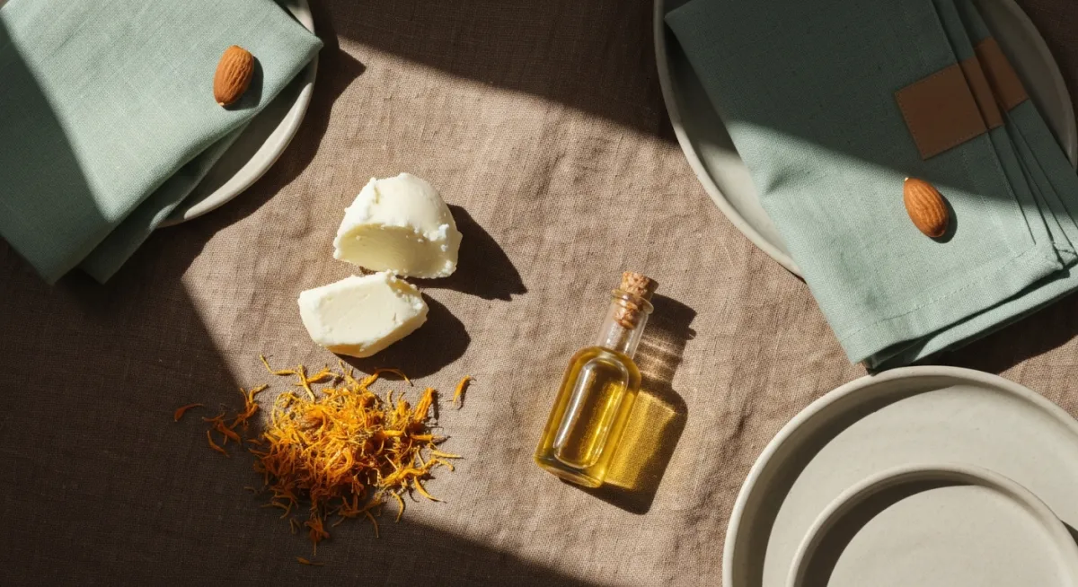A cinematic full-bleed shot of raw natural ingredients like shea butter, dried botanicals, and high-quality oils arranged elegantly on a warm neutral surface