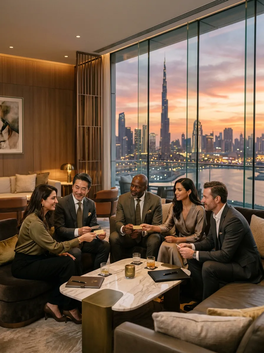 Elite real estate investors networking in a luxury Dubai private lounge overlooking sunset skyline