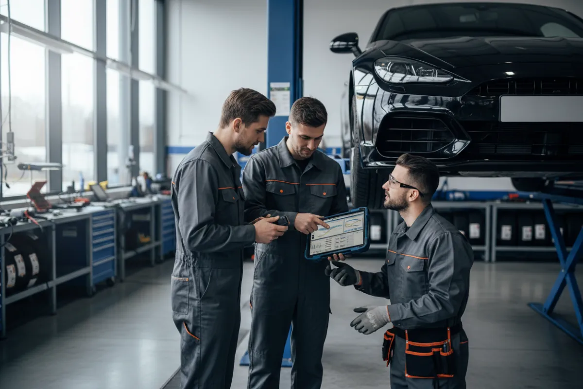 Revline technikusok diagnosztikai eredményekről egyeztetnek egy megemelt jármű mellett modern műhelyben.