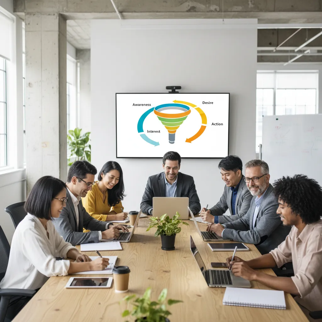A diverse group of small business owners, ages 25-50, participating in a virtual marketing workshop. Laptops and notebooks are visible, with a large screen displaying a marketing funnel diagram. The setting is a modern, collaborative workspace.