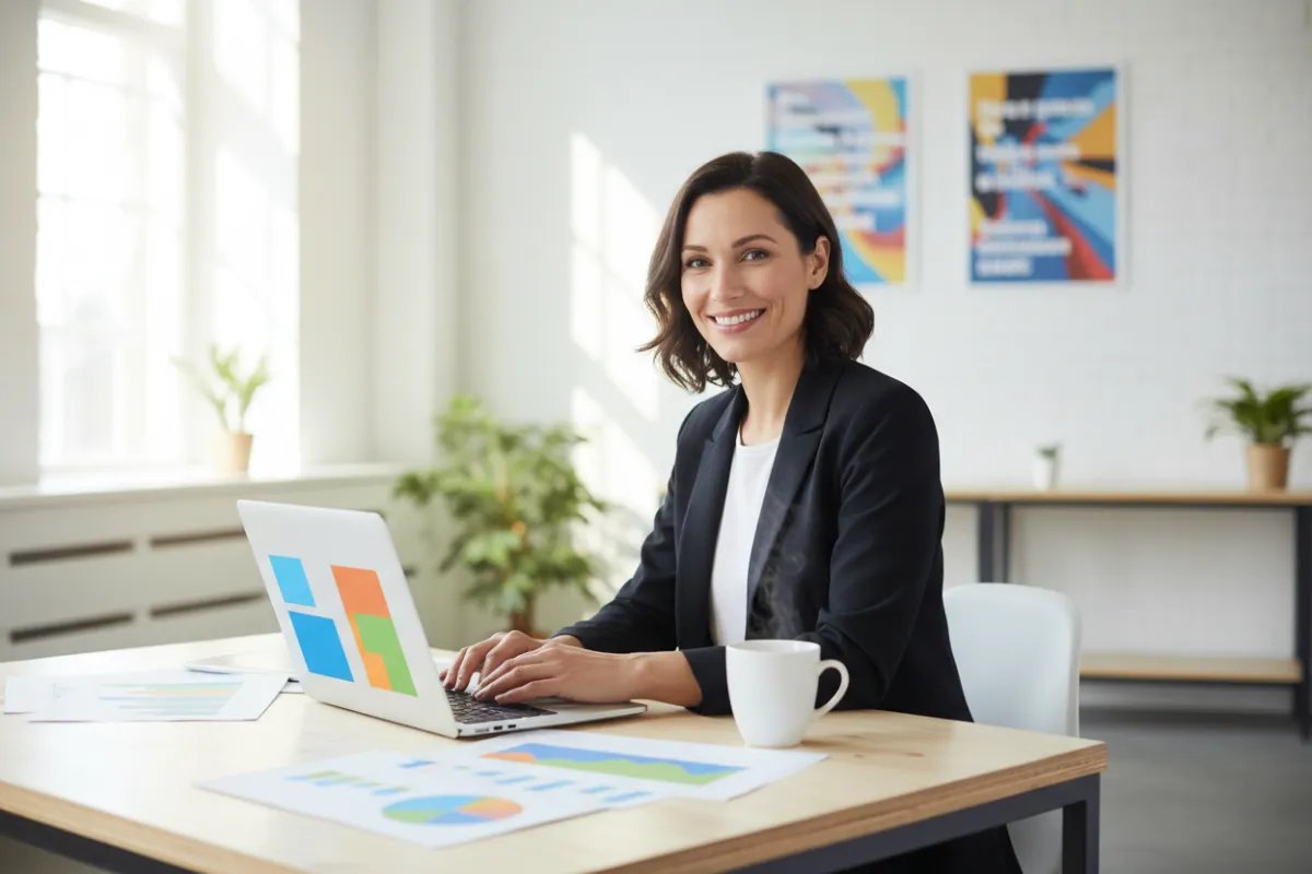 A confident small business owner, mid-30s, reviewing marketing plans at a modern desk with a laptop, coffee mug, and colorful charts. The background is a bright, contemporary office with motivational posters and natural light.