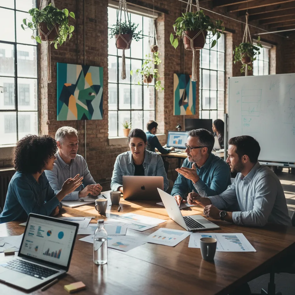 A team of marketing professionals, diverse in age and background, collaborating around a table with laptops, strategy documents, and coffee cups. The office is open, filled with natural light, and features creative wall art.