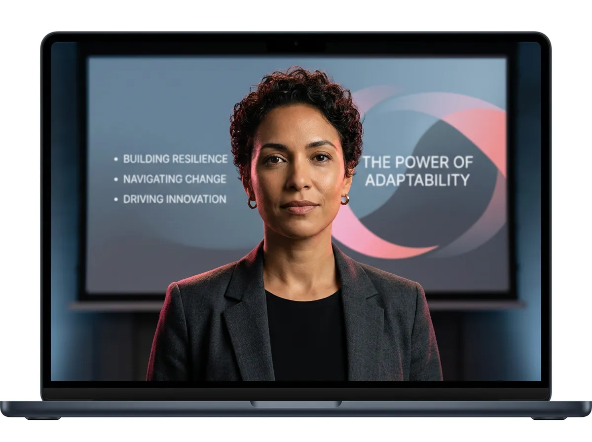 Zoom call interface demonstrating commanding gaze, calm posture, and authentic emotional confidence on video