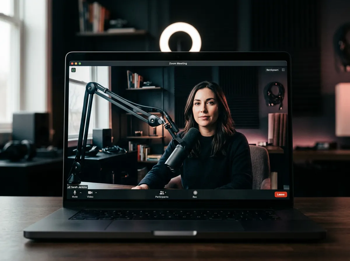Zoom window mockup illustrating professional lighting, audio waveform meters, and pristine studio camera framing
