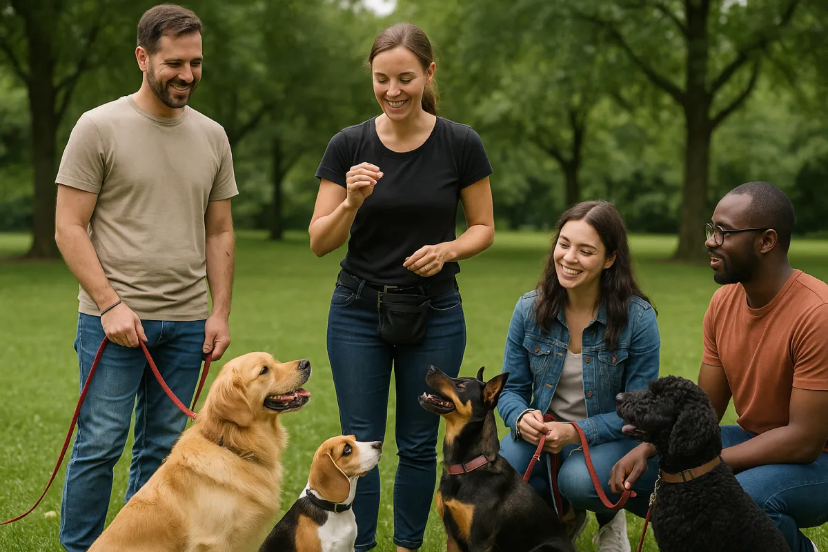 Dogs calmly practicing walking with their owners in an open space