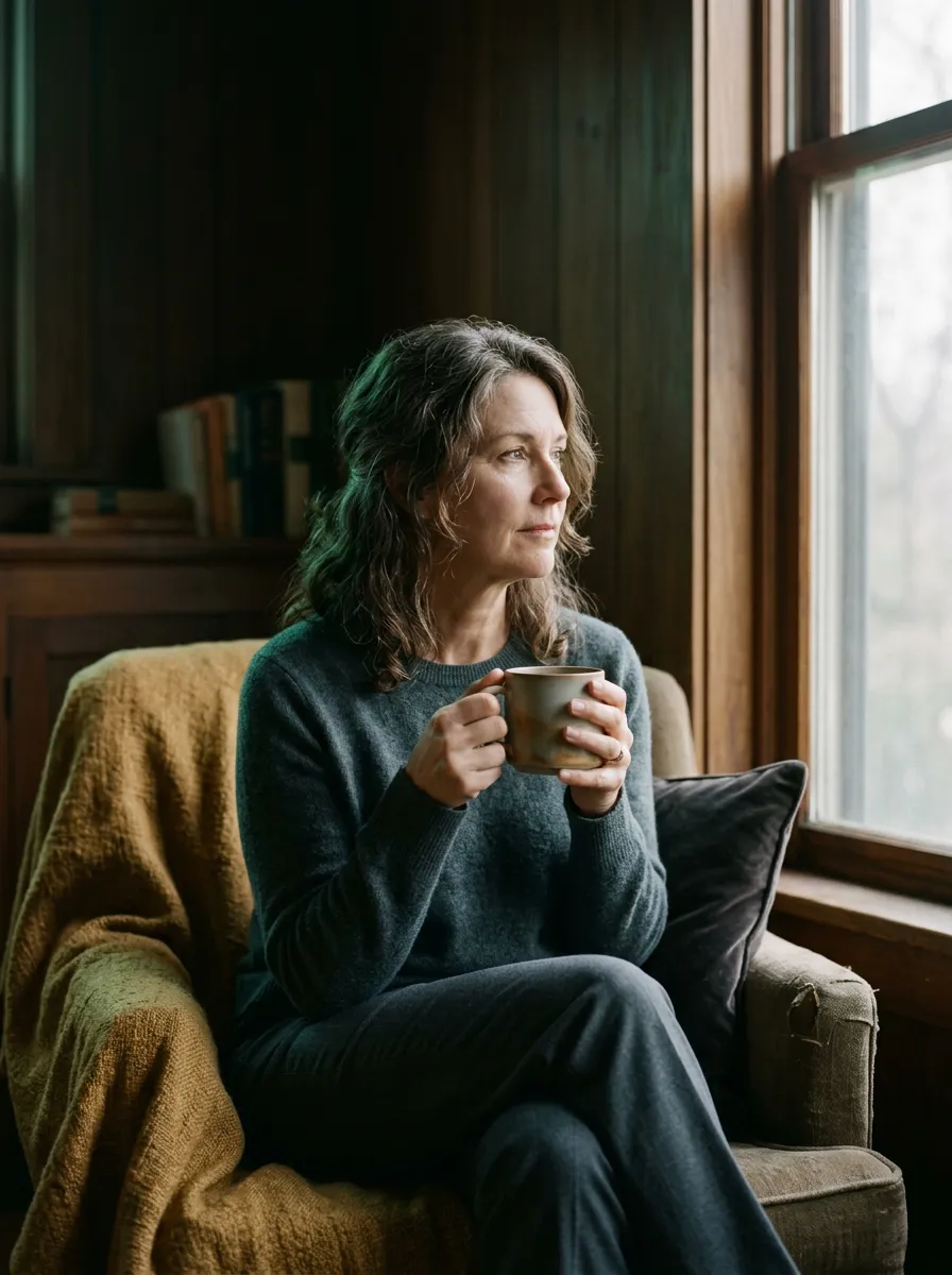 A contemplative woman sitting comfortably by a soft window, drinking tea in quiet reflection