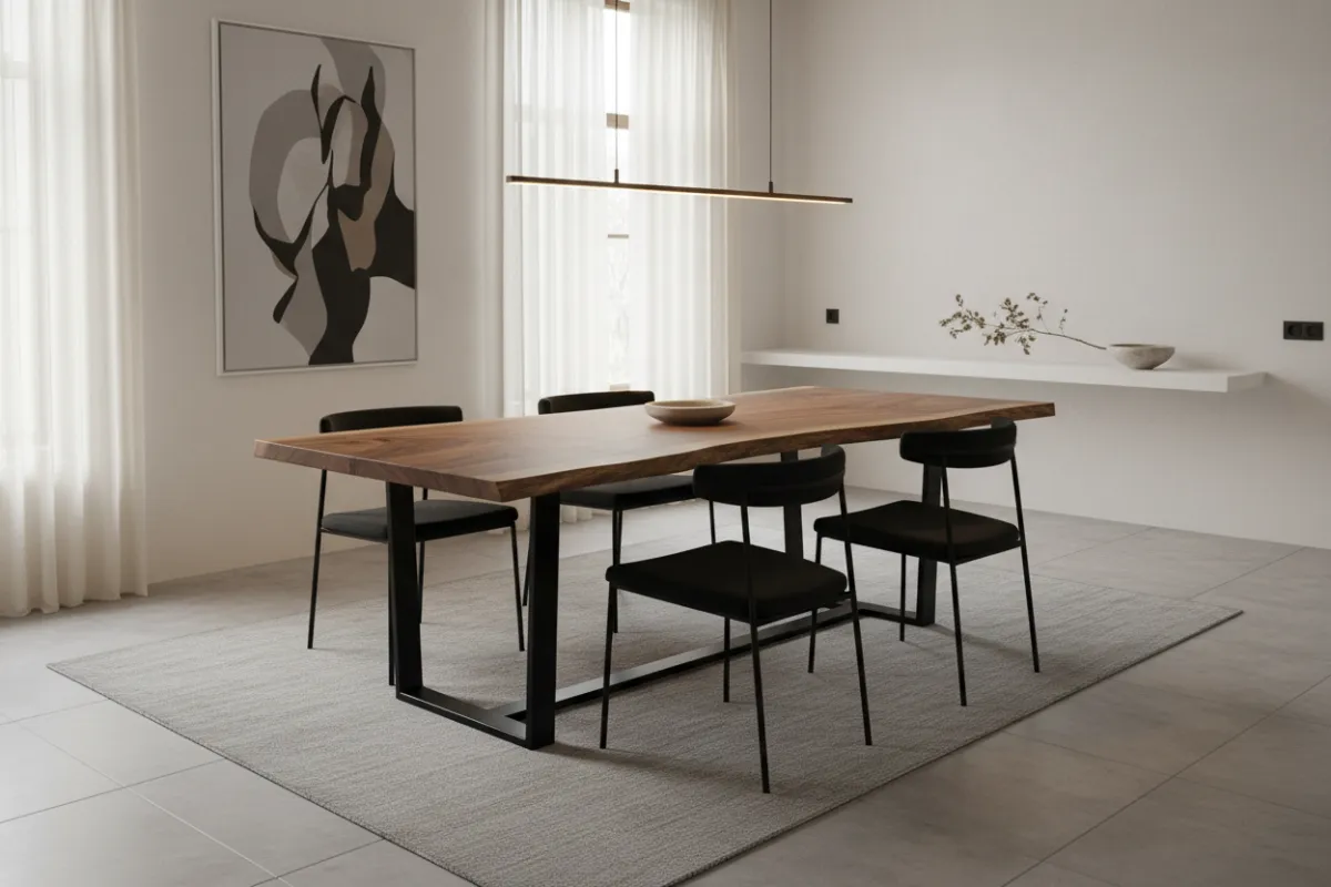 A handcrafted dining table with a live-edge walnut top and matte black steel legs, set in a formal dining room with ambient lighting and minimalist decor.