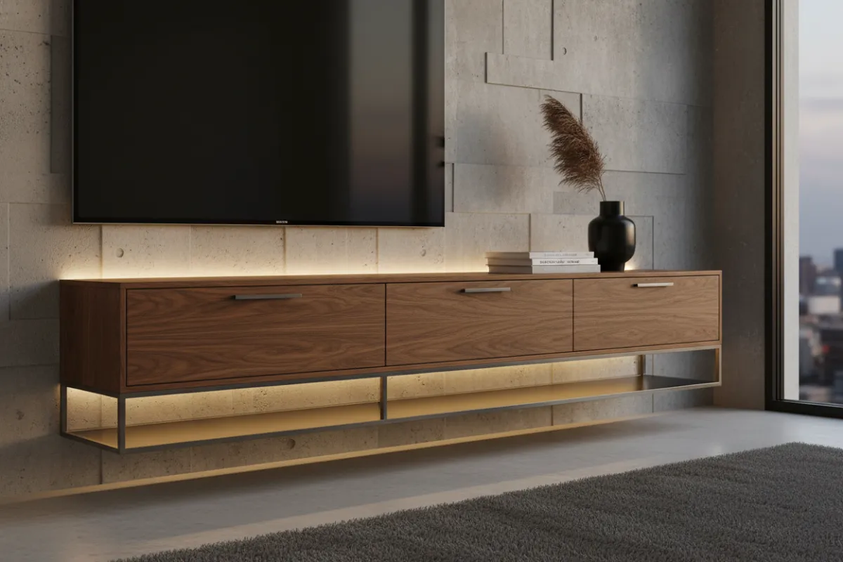 A floating media console made of rich oak and brushed steel, mounted on a textured wall in a contemporary living space with subtle accent lighting.